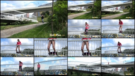 Brunette Pees On A Public Walkway